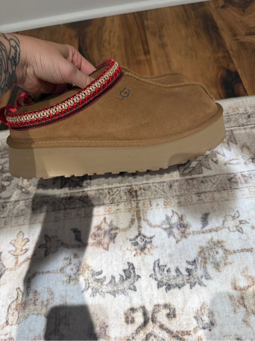 UGG women Chestnut Suede Slip-On Mules with Red Trim - Picture 3 of 4
